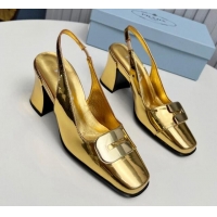 Good Quality Prada Brushed Leather Slingback Pumps 8.5cm with Metal-Tone Charm Gold 915077