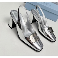 Best Grade Prada Brushed Leather Slingback Pumps 8.5cm with Metal-Tone Charm Silver 915078