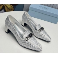 Top Grade Prada Crystal Allover Pumps 4.5cm with Chain Logo Silver 915080