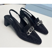 Unique Style Prada Crystal Allover Slingback Pump 4.5cm with Chain Logo Black 915082