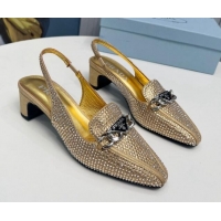 Good Looking Prada Crystal Allover Slingback Pump 4.5cm with Chain Logo Gold 915083