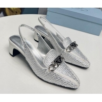 Luxurious Prada Crystal Allover Slingback Pump 4.5cm with Chain Logo Silver 915084