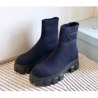 Top Design Prada Monolith Platform Knit Ankle Boots Dark Blue 926031