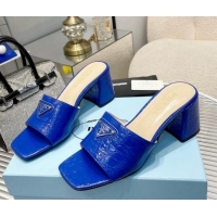 Sumptuous Prada Embossed Leather Heel Slide Sandals Blue 1013058