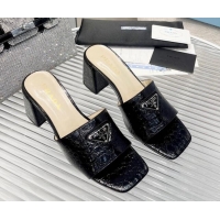 Duplicate Prada Embossed Leather Heel Slide Sandals Black 1013060