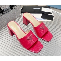 Perfect Prada Embossed Leather Heel Slide Sandals Dark Pink 1013061