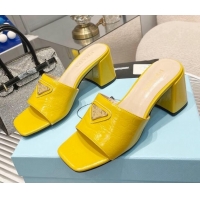 Good Quality Prada Embossed Leather Heel Slide Sandals Yellow 1013064