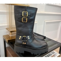 Pretty Style Celine Bulky Mid Biker Boots 5.5cm with Harness Buckle in Calfskin Black 3071013