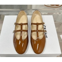 Best Product Celine Double Strap Mary Jane Ballerinas in Patent Leather Brown 725077