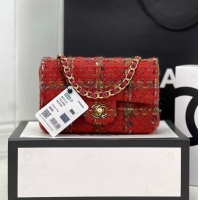 Reasonable Price Chanel CLASSIC HANDBAG Wool Tweed A1116 Red Gold