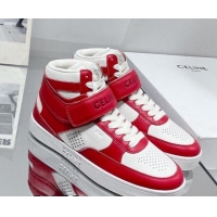 Luxurious Celine CT-03 Trainer High Top Sneakers with Velcro Strap in Calfskin White/Red 916024