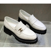 Expensive Chanel Quilted Calfskin Moccasins Loafers G45074 White 809085