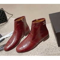 Elegant Chanel Shiny Calfskin Flat Ankle Boots with Chain CC Burgundy 809108