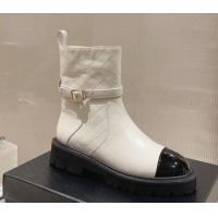 Youthful Chanel Quilted Lambskin and Patent Calfskin Ankle Boots with Buckle White 809110