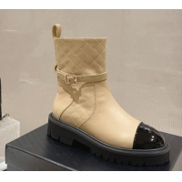 Cute Chanel Quilted Lambskin and Patent Calfskin Ankle Boots with Buckle Beige 809111