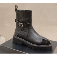 Best Luxury Chanel Quilted Lambskin and Patent Calfskin Ankle Boots with Buckle Black 809112