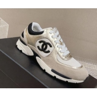 Refined Chanel Calfskin, Suede and Mesh Sneakers with CC Gold/Grey 809114