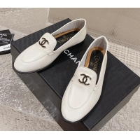 Sophisticated Chanel Calfskin Loafers with Black Beads CC White 809119