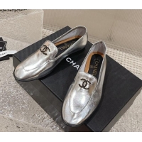 Duplicate Chanel Calfskin Loafers with Black Beads CC Silver 809120