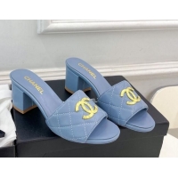 Unique Style Chanel Quilted Lambskin Heel Slide Sandals 6cm Blue 809122