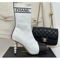 Popular Style Chanel Knit & Calfskin Ankle Boots 8cm with Pearls Heel White 809131