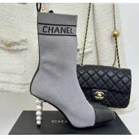 Lower Price Chanel Knit & Calfskin Ankle Boots 8cm with Pearls Heel Grey 809132