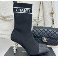 Shop Duplicate Chanel Knit & Calfskin Ankle Boots 8cm with Pearls Heel Black 0809133