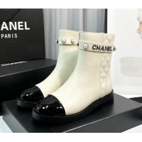 Purchase Chanel Calfskin & Patent Leather Ankle Boots with Pears Band White 814001