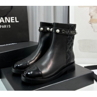 Good Quality Chanel Calfskin & Patent Leather Ankle Boots with Pears Band Black 814002