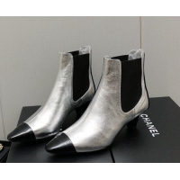 Good Looking Chanel Calfskin & Patent Leather Pointed Ankle Boots 4cm Silver 814006