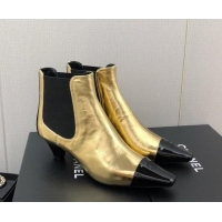 Best Product Chanel Calfskin & Patent Leather Pointed Ankle Boots 4cm Gold 814010