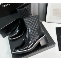 Most Popular Chanel Quilted Calfskin & Patent Leather Ankle Boots 6.5cm with White Contrasting Black 814011