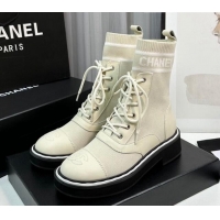 Top Design Chanel Sock Lace-up Ankle Boots in Knit and Calfskin Light Beige 814013