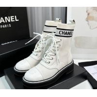 Classic Hot Chanel Sock Lace-up Ankle Boots in Knit and Calfskin White 814015