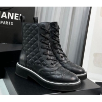 Feminine Chanel Quilted Calfskin Lace-up Ankle Boots Black 814018