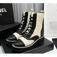 Shop Duplicate Chanel Quilted Calfskin Lace-up Ankle Boots Beige/Black 814019