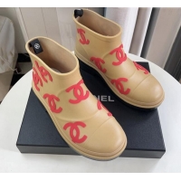 Good Quality Chanel CC Printed Rubber Rain Boots Beige/Red 819069