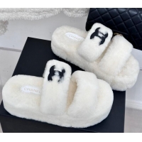 Popular Style Chanel Wool Platform Slide Sandals 5cm White 819023