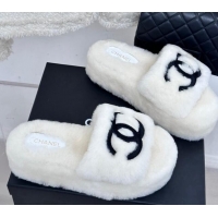 Top Design Chanel Wool Platform Slide Sandals 5cm White 819026