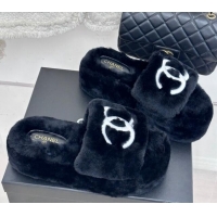 Luxury Chanel Wool Platform Slide Sandals 5cm Black 819028