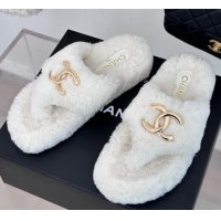 Best Grade Chanel Shearling Flat Thong Slide Sandals White 819030