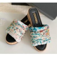 Top Grade Chanel Wool Wedge Slide Sandals White/Multicolor 819035