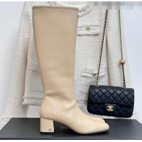 Top Grade Chanel Stretch Lambskin Heel High Boots 5cm Beige 819052 