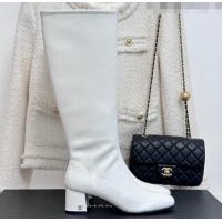 Charming Chanel Stretch Lambskin Heel High Boots 5cm White 819053