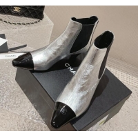 Unique Style Chanel Calfskin & Patent Leather Pointed Ankle Boots 4cm Silver 819065 