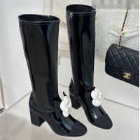 Top Quality Chanel Patent Calfskin & Grosgrain Heel High Boots 6cm with Camellia Bloom Black 819057