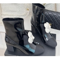 New Style Chanel Patent Calfskin & Grosgrain Heel Ankle Boots 6cm with Camellia Bloom Black 819058