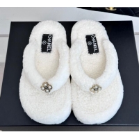 Best Luxury Chanel Shearling Flat Thong Slide Sandals White 819059