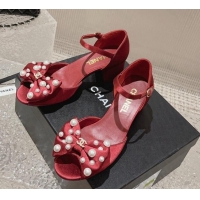 Popular Chanel Silk Heel Sandals with Pearls Bow Red 819061