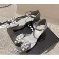 Best Quality Chanel Silk Heel Sandals with Pearls Bow Light Grey 819062